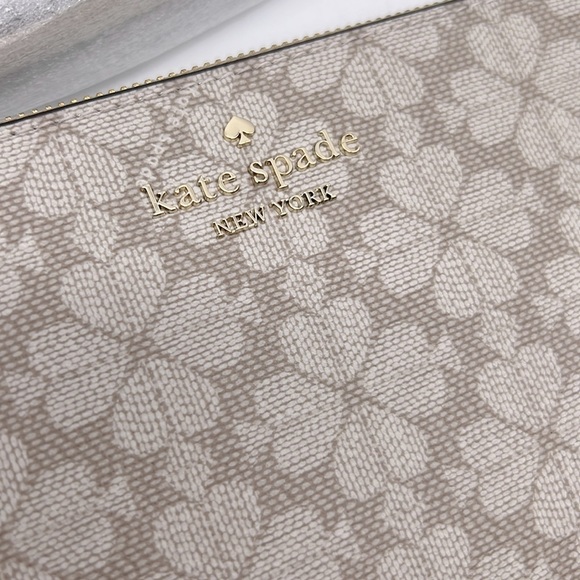 Kate Spade Lucy Spade Flower Medium L-zip Wristlet Dark Beige Multi - Picture 7 of 16